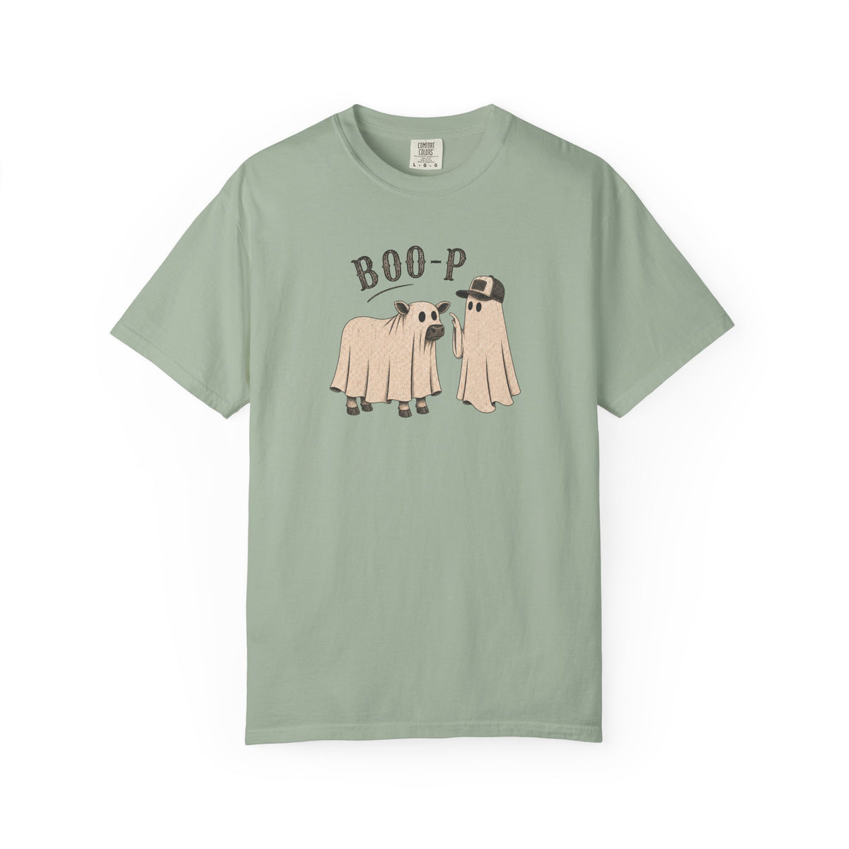 Bay-shirt with 'Boo-p ' text a cow and a ghoston a white background