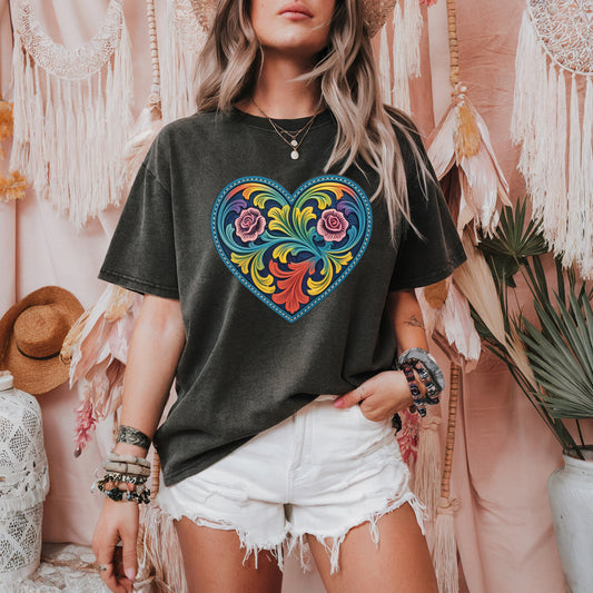 Western Folk Art Heart T-Shirt | Comfort Colors Floral Boho Graphic Tee (S–4XL)