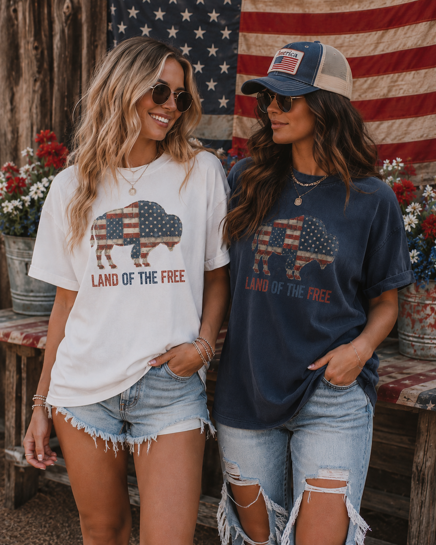 Woman wearing the Land of the Free Buffalo graphic tee on Comfort Colors featuring a distressed American flag buffalo design and patriotic western style
