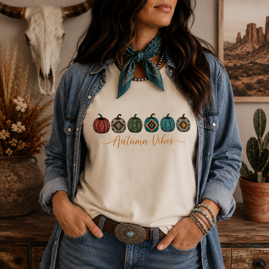 A woman wearing a cream-colored graphic t-shirt with a western-themed autumn design, styled with a denim shirt, a teal bandana, and jeans in a rustic room setting.