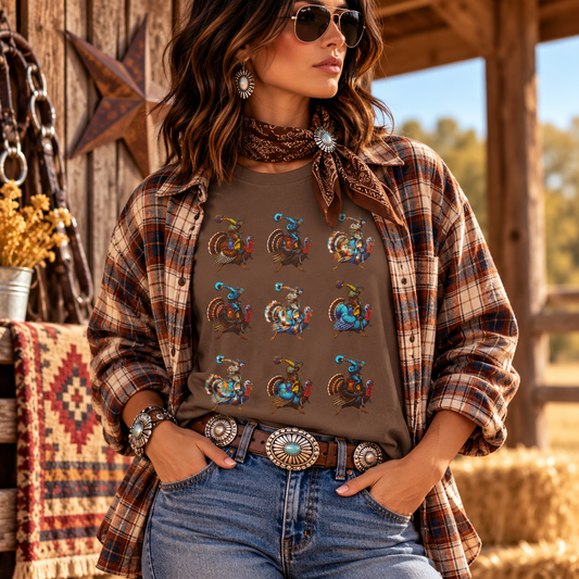 A woman wearing a brown graphic t-shirt with a turkey print, layered under a brown and beige plaid flannel shirt, accessorized with a matching bandana, jeans, and western boots in a rustic outdoor setting.