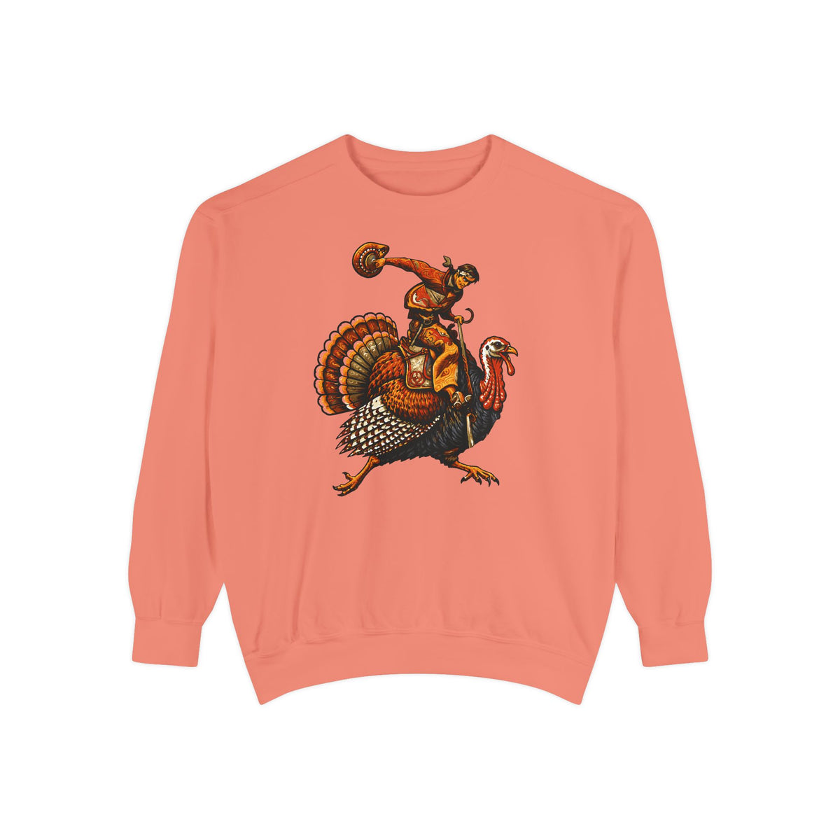 A coral pink crewneck sweatshirt featuring a graphic print of a cowboy riding a turkey, set against a plain white background.