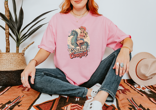 Beach Seahorse Cowgirl T-Shirt – Coastal Vibes with a Retro Twist