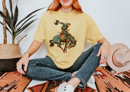 bucking bronco butter tee on model