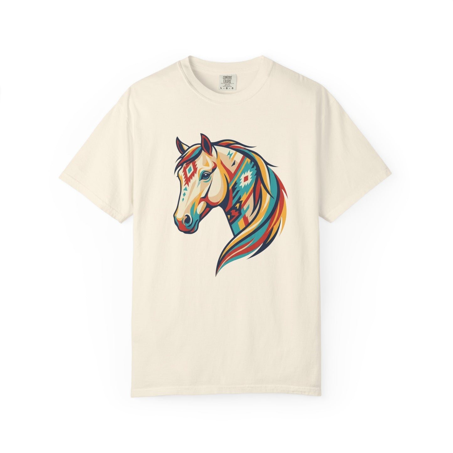 Colourful southwest horse graphic tee design with bold geometric western horse artwork front view in ivory