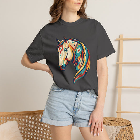 Colourful southwest horse graphic tee design with bold geometric western horse artwork on model in graphite