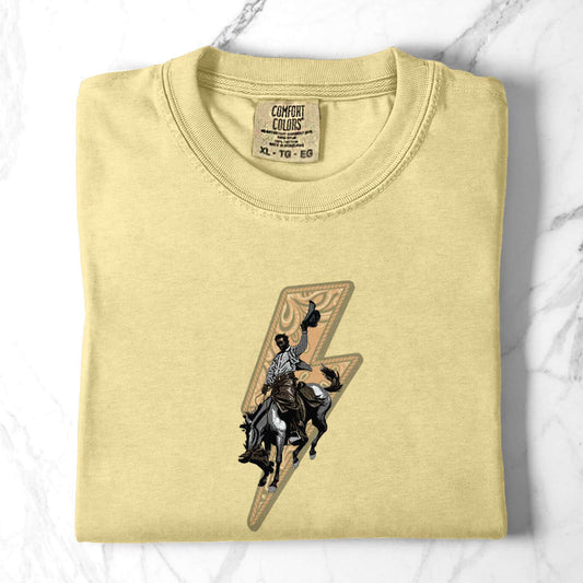 Lightning rider cowboy tee folded flat in color butter