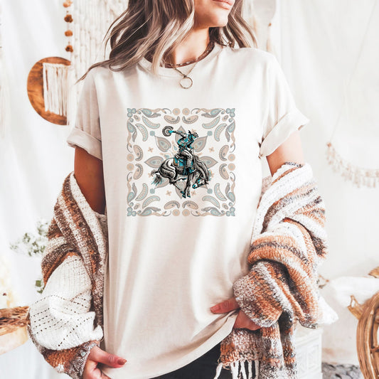 Paisley bronc rider western tee on model in color ivory