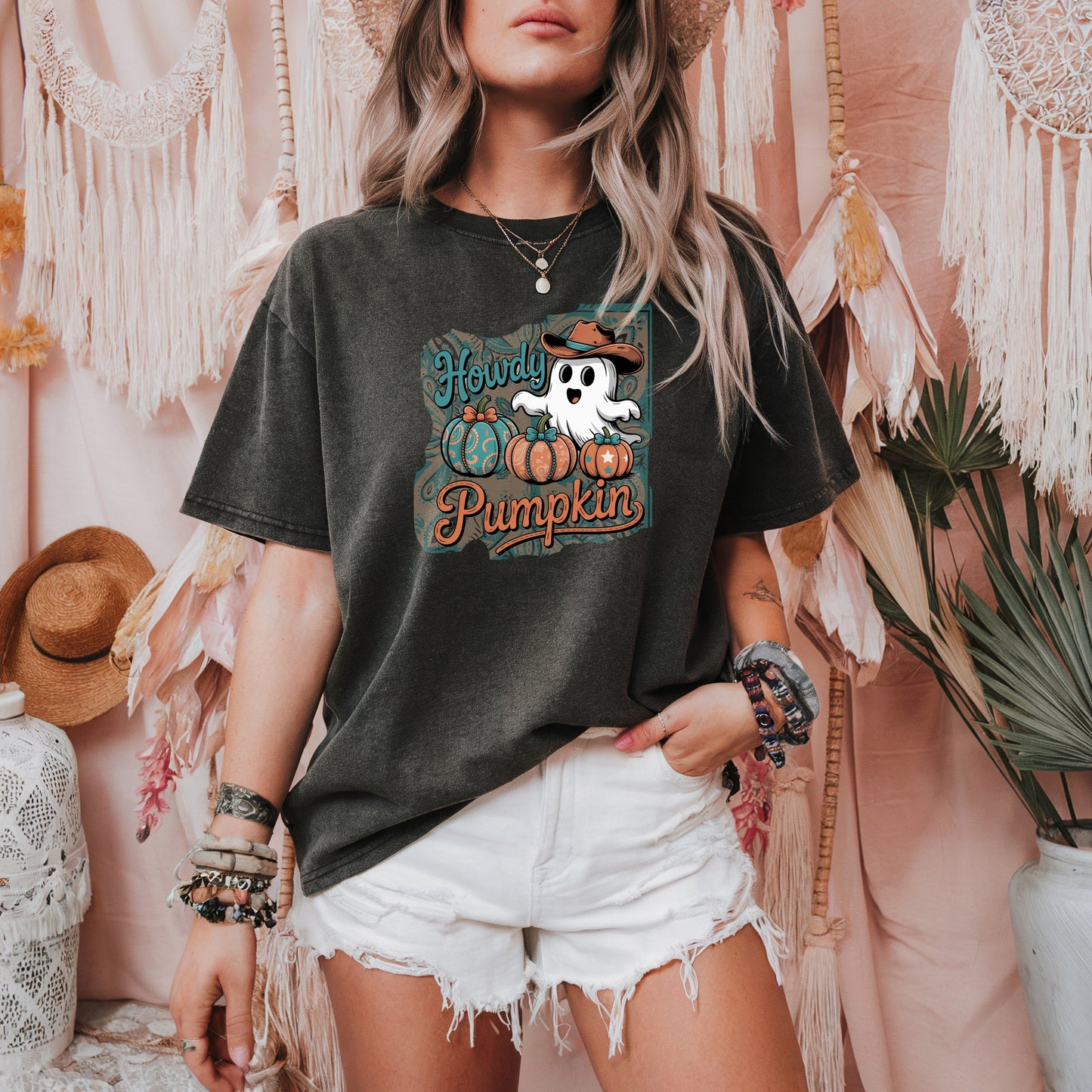 Howdy Pumpkin Ghost Cowboy Shirt | Western Halloween Comfort Colors® Tee