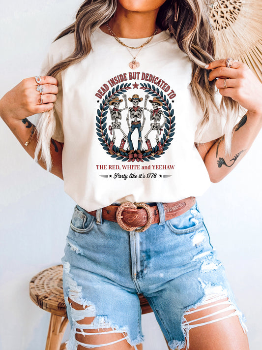 Red White and Yeehaw tee with funny 4th of July western graphic on model