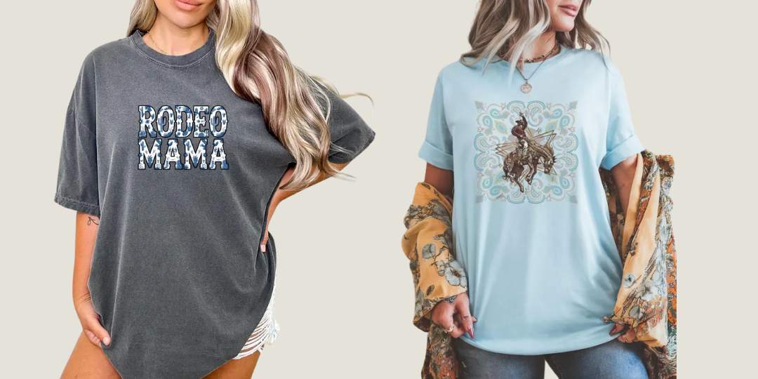 The Brushed Bronc Graphic Tee's models with tees on, one with rodeo mama text and one with bucking rider