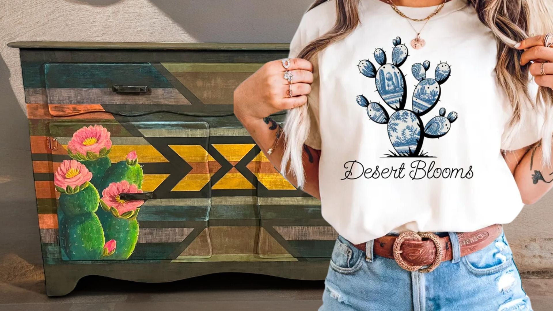 The Brushed Bronc image showing a western refinished buffet with cactus painting and graphic tee on model