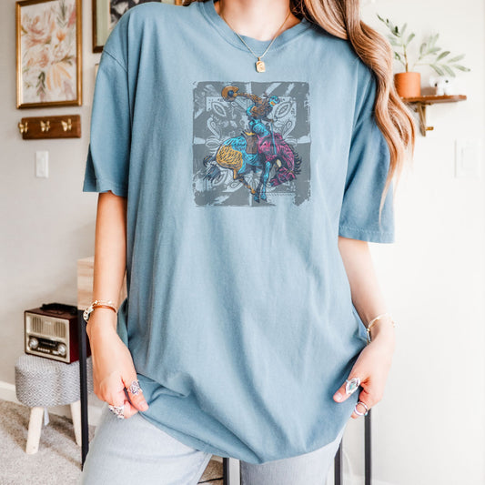 Vintage Bronc Spirit Tee on model in color ice blue