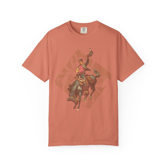 Vintage Rodeo Spirit tee with distressed bronc rider western graphic laying flat on white background