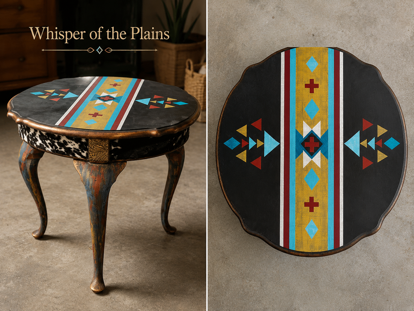 Decorative table with geometric pattern on a concrete floor, featuring the brand 'Whisper of the Plains'.