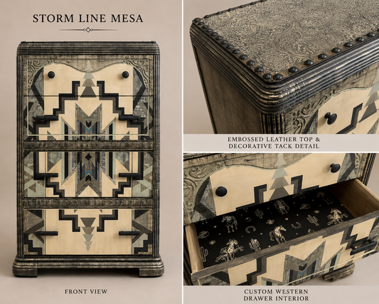Decorative wooden chest with embossed leather top and geometric patterns, featuring 'Storm Line Mesa' branding.