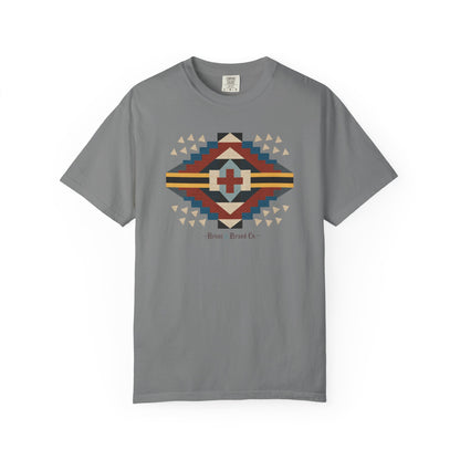 Gray t-shirt with a colorful geometric design on a white background