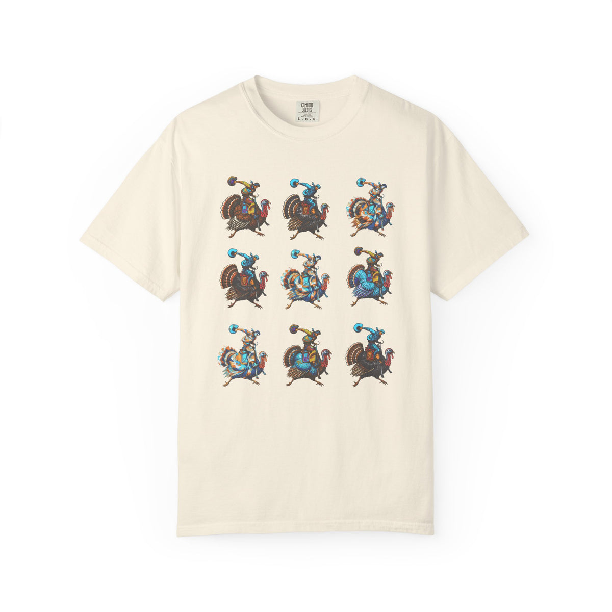 An off-white short-sleeve t-shirt featuring a 3x3 grid of nine pixel-art illustrations of a cowboy riding a rooster, displayed on a clean white background.