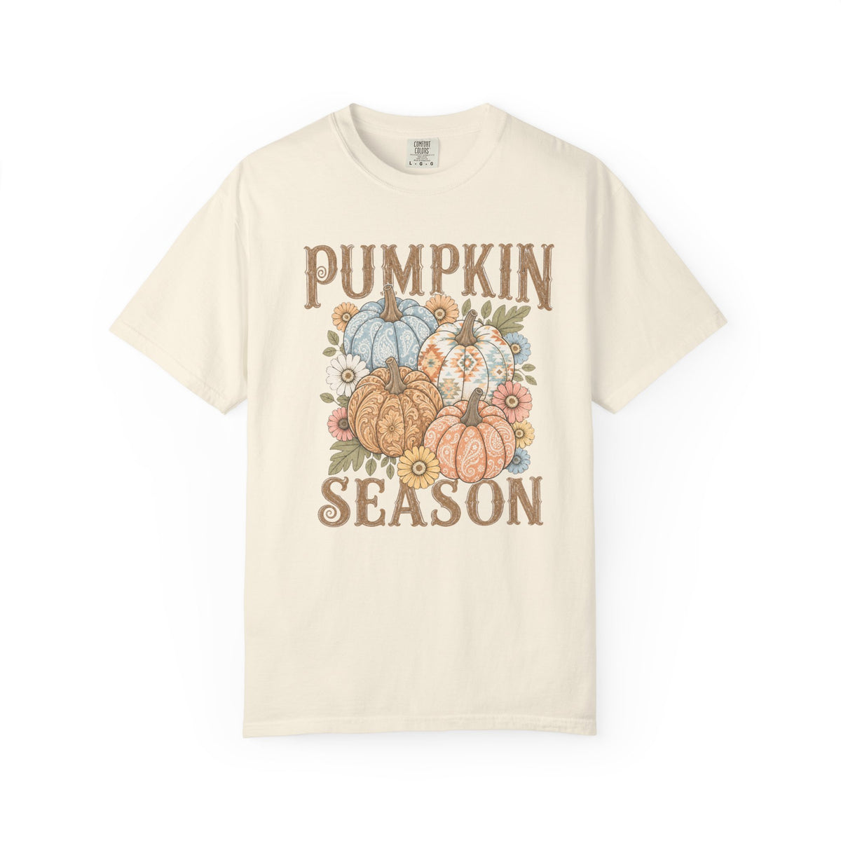 An off-white short-sleeve crewneck t-shirt featuring a 'Pumpkin Season' graphic on the front with illustrated pumpkins and autumn flowers.