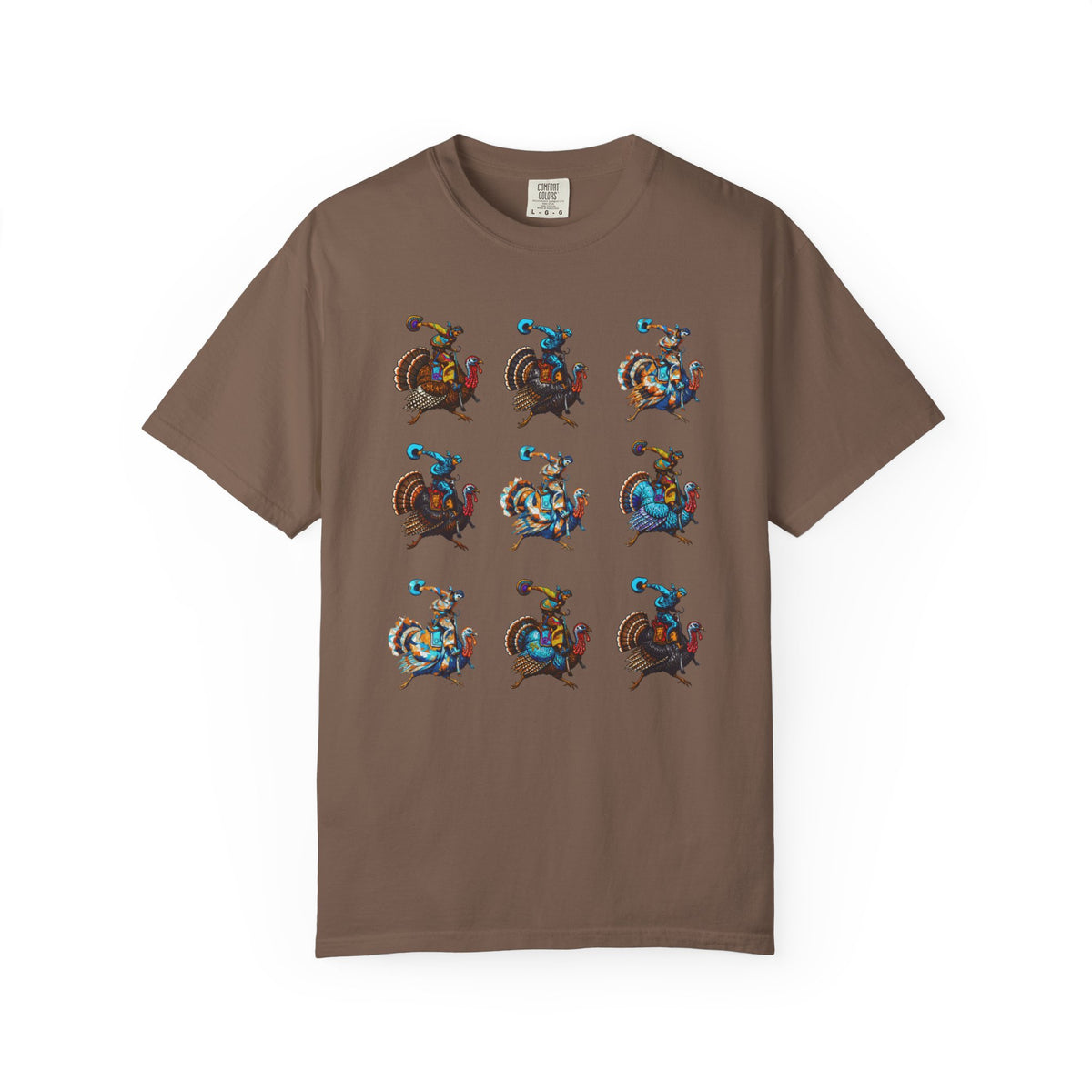 A brown short-sleeve crewneck t-shirt featuring a 3x3 grid graphic of cartoon turkeys in various colorful outfits, displayed on a clean white background.