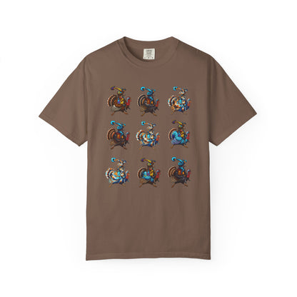A brown short-sleeve crewneck t-shirt featuring a 3x3 grid graphic of cartoon turkeys in various colorful outfits, displayed on a clean white background.