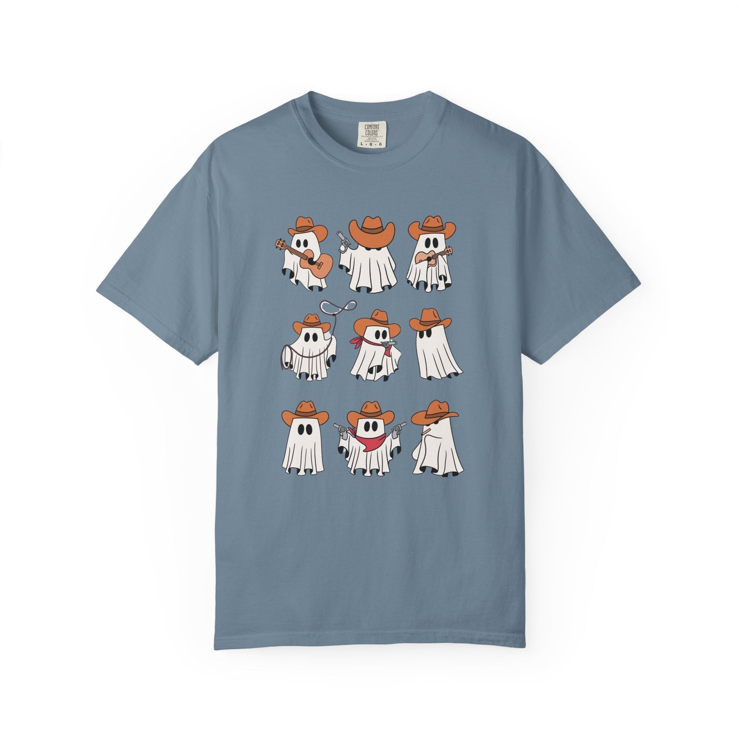 A dusty blue short-sleeve crewneck t-shirt featuring a graphic print of nine cartoon ghosts in cowboy outfits arranged in a 3x3 grid on the front.