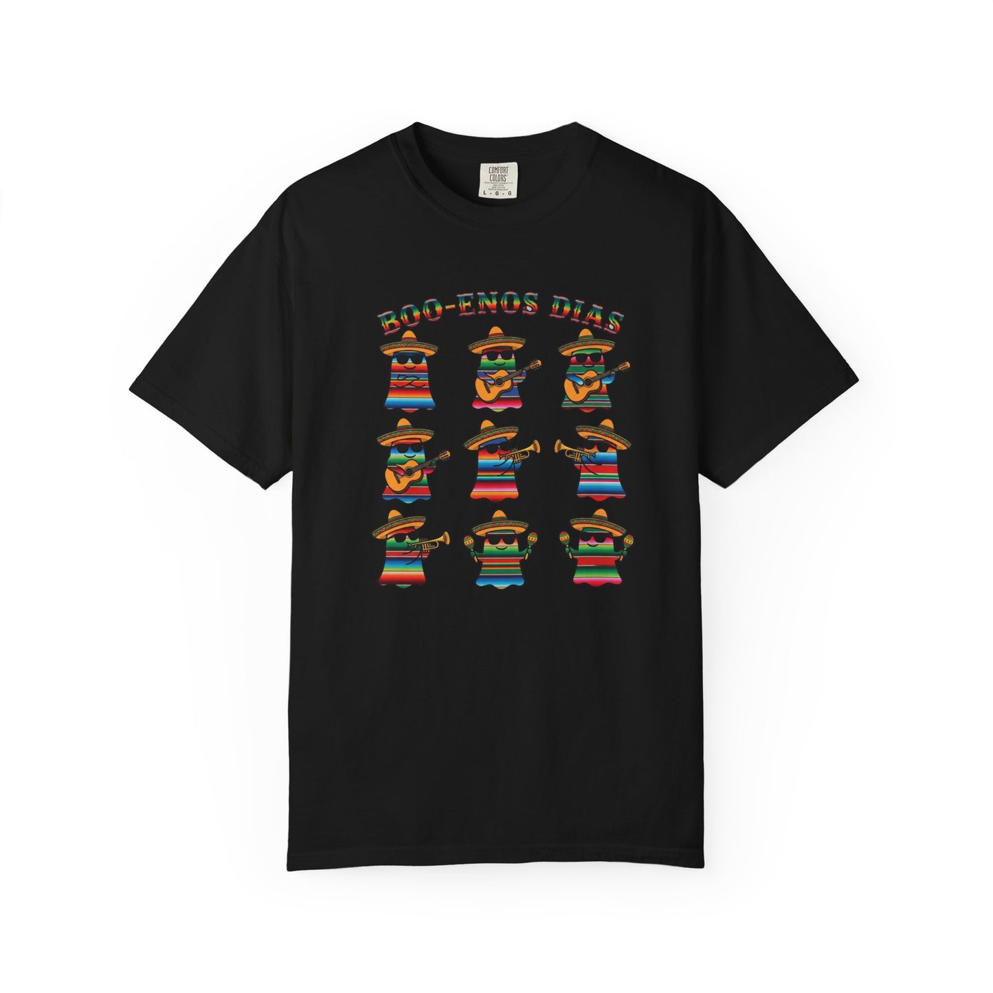 A black short-sleeve crewneck t-shirt featuring a colorful graphic print of ten cartoon characters in traditional Mexican attire playing musical instruments, with the text '800-ENOS DIAS' above them.