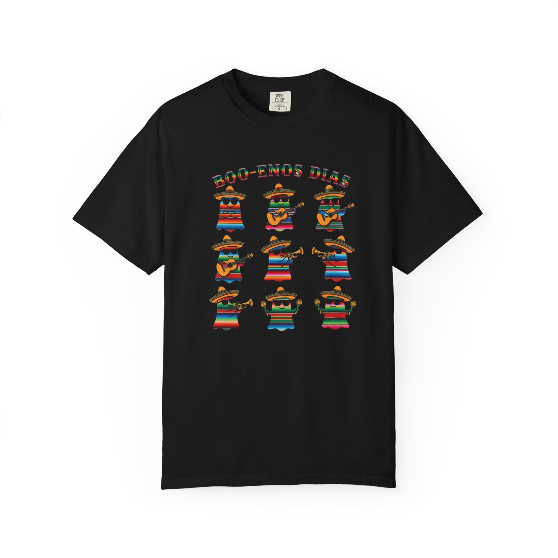 A black short-sleeve crewneck t-shirt featuring a colorful graphic print of ten cartoon characters in traditional Mexican attire playing musical instruments, with the text '800-ENOS DIAS' above them.