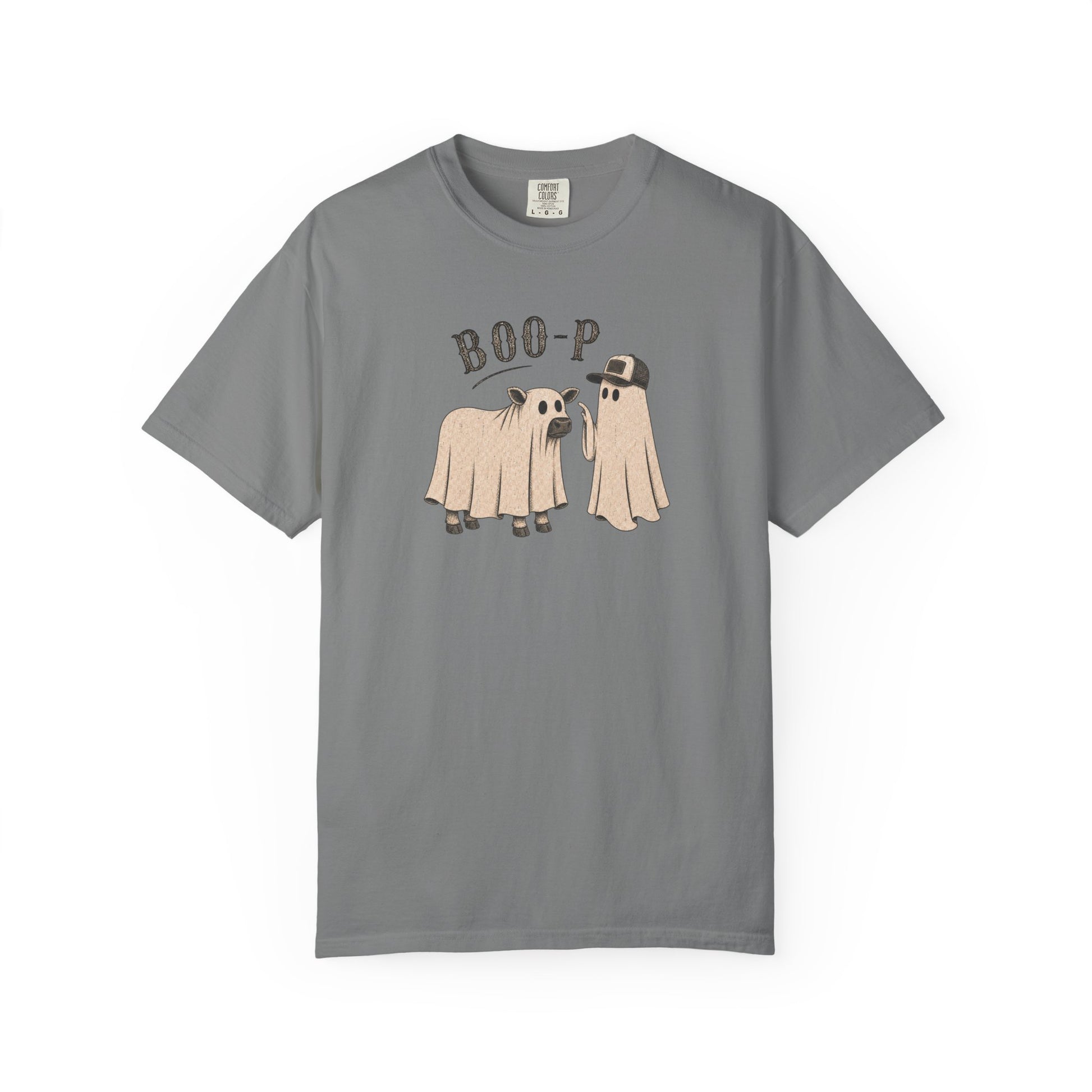 Gray t-shirt withghost cow Boo-p text' design on a white background