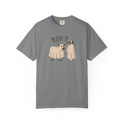 Gray t-shirt withghost cow Boo-p text' design on a white background