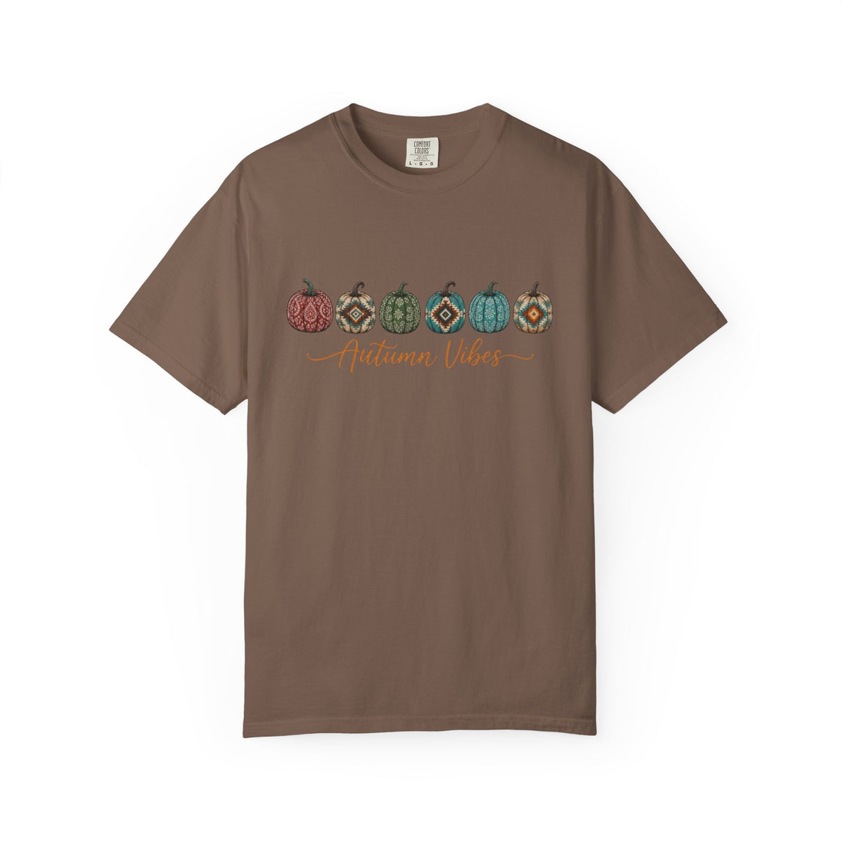  Espresso Autumn Vibes western fall Comfort Colors tee with colorful paisley serape and Southwestern patterned pumpkin
