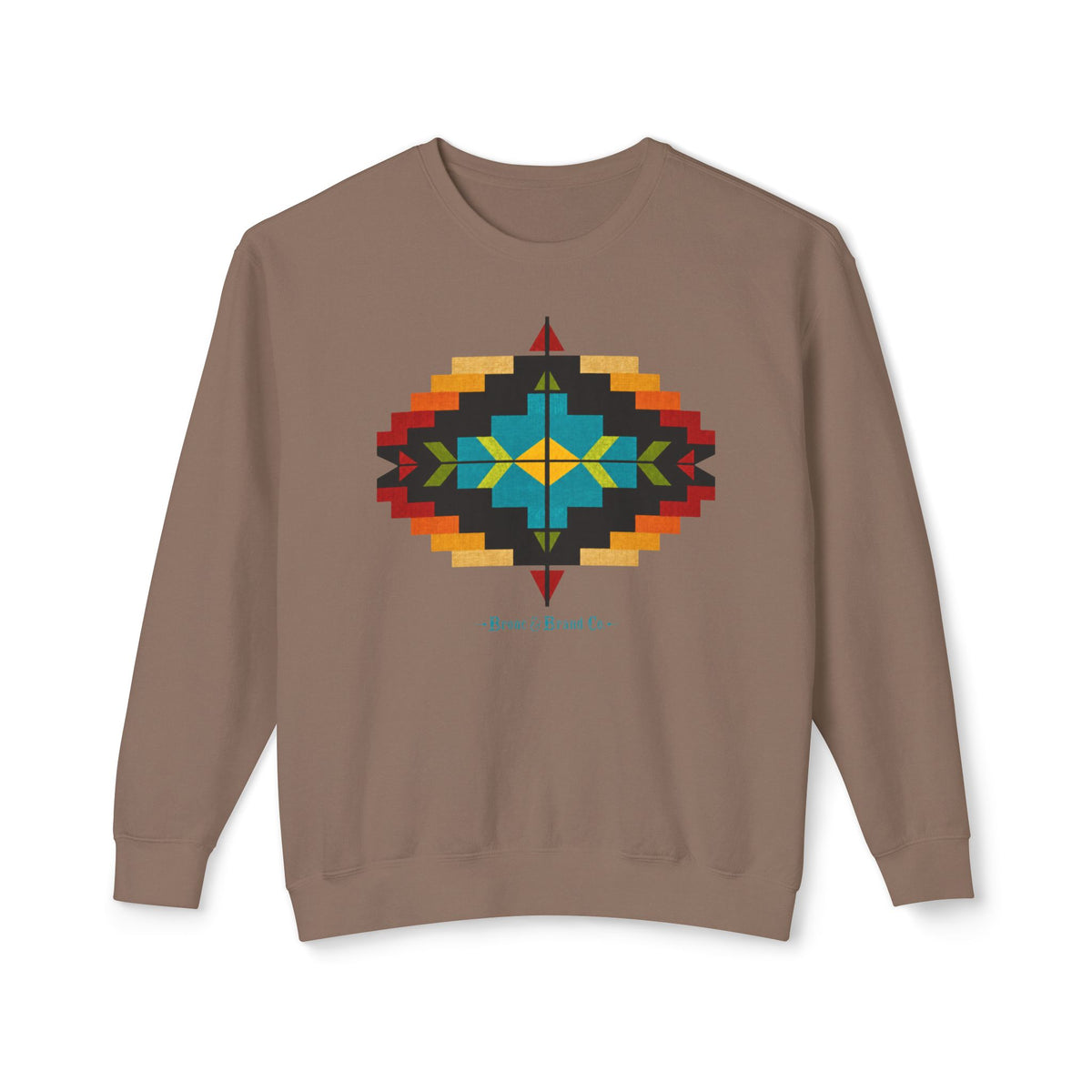 A taupe brown crewneck sweatshirt featuring a colorful geometric Southwestern-style diamond pattern on the chest, displayed against a solid white background.