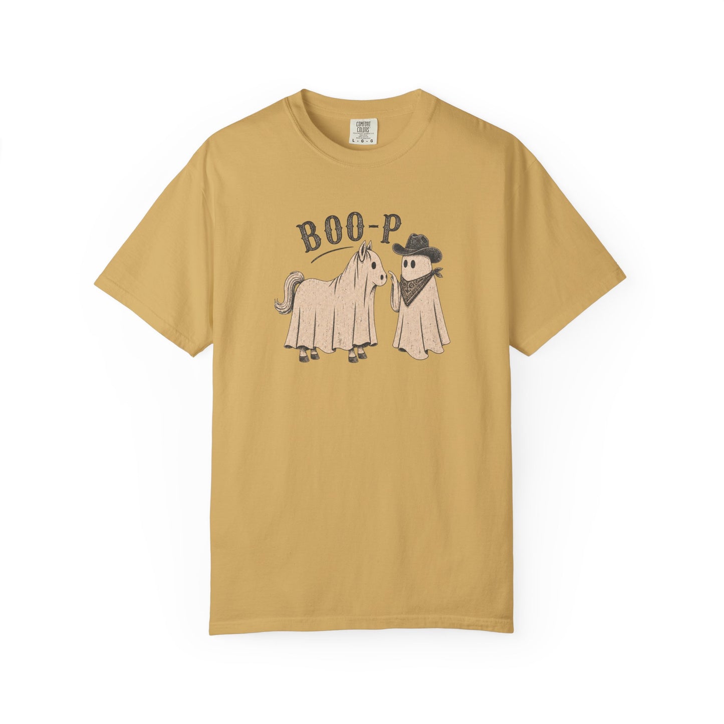 A mustard yellow short-sleeve t-shirt with a graphic of a horse and a cowboy ghost under the text 'BOO-P', displayed on a clean white background.