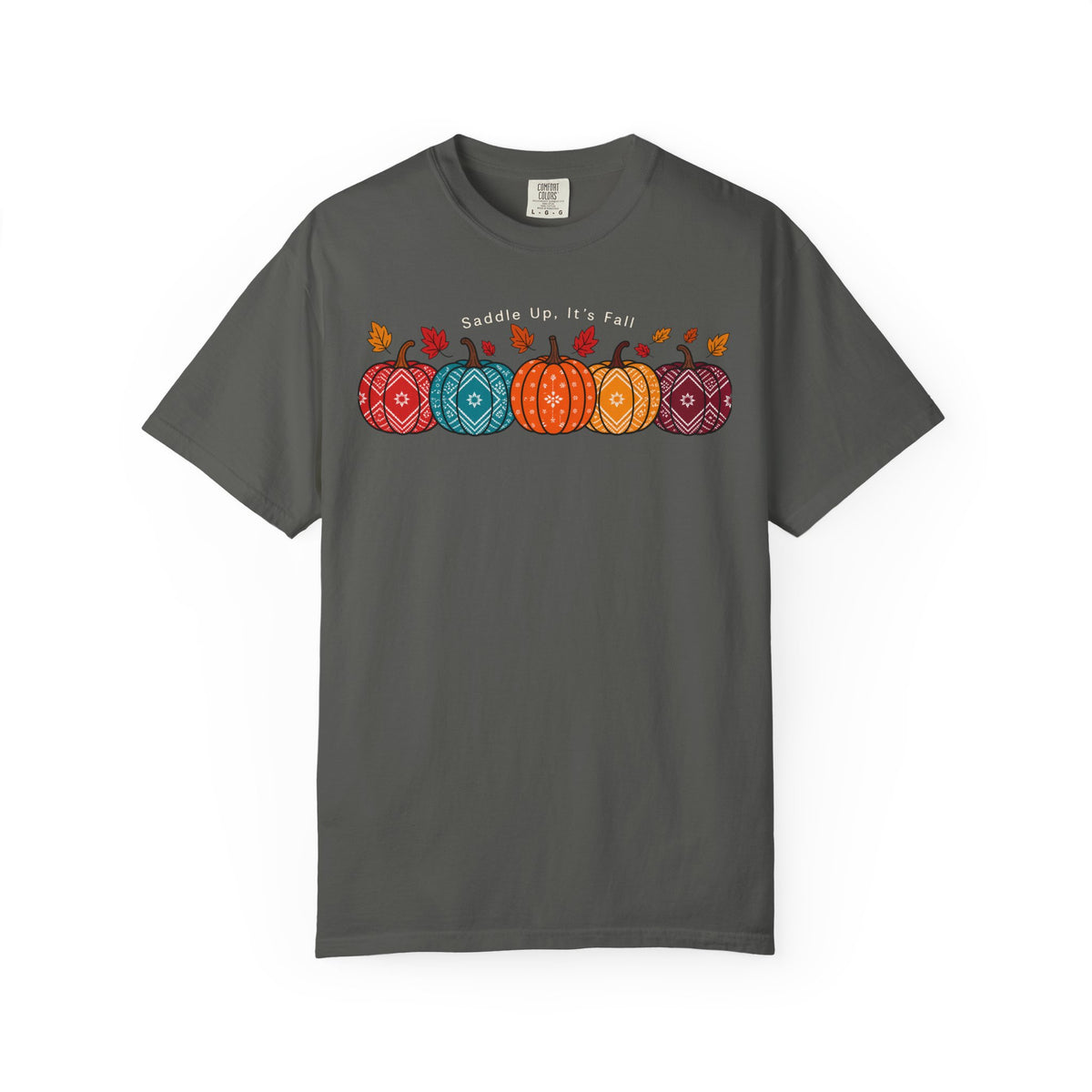 A dark gray short-sleeve t-shirt with a colorful graphic of patterned pumpkins and the text 'Saddle Up, It's Fall' across the chest, displayed on a clean white background.