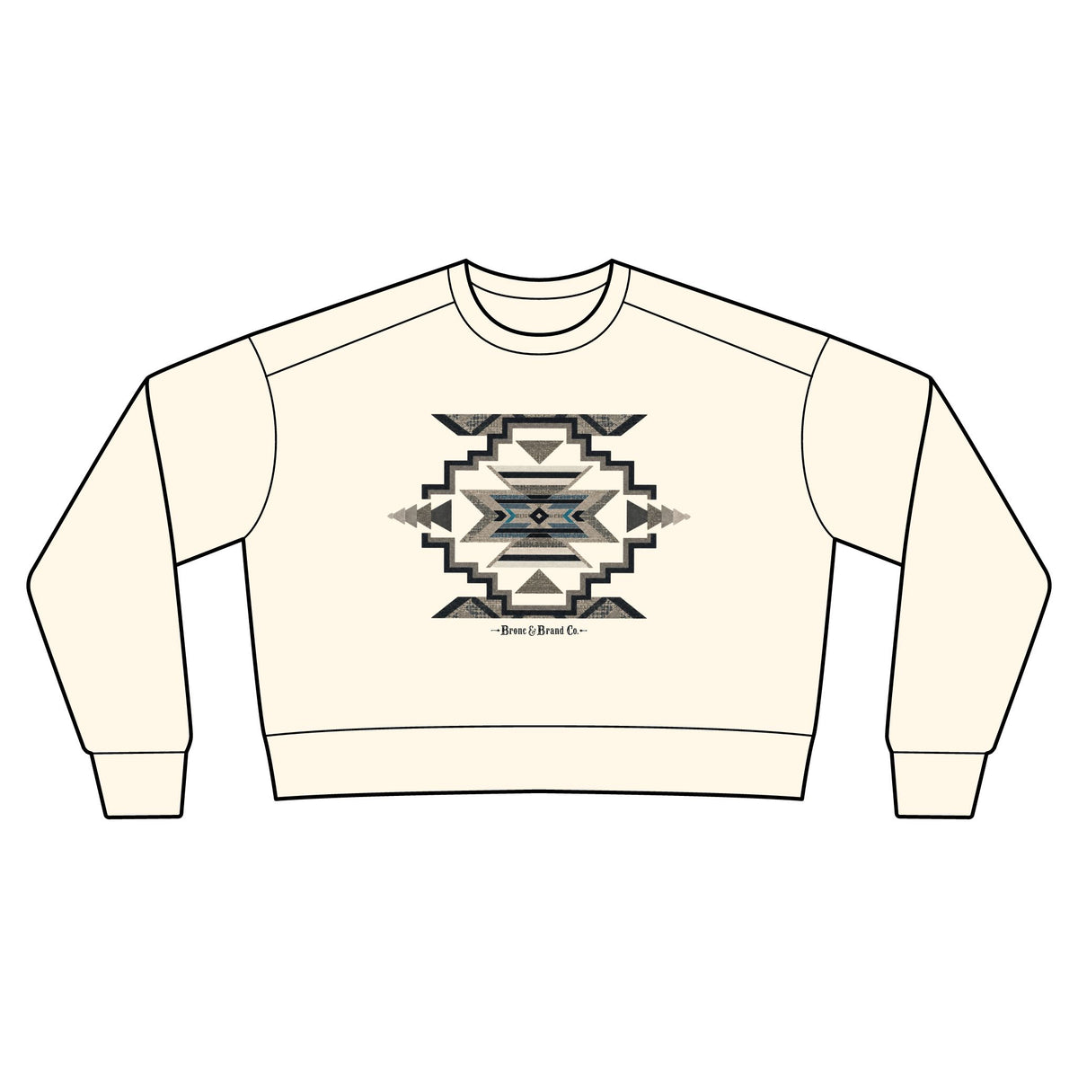 An off-white crewneck sweatshirt with a central geometric Southwestern-style graphic in black, gray, and blue, featuring the text 'Bro nc & Brand Co.' below the design.