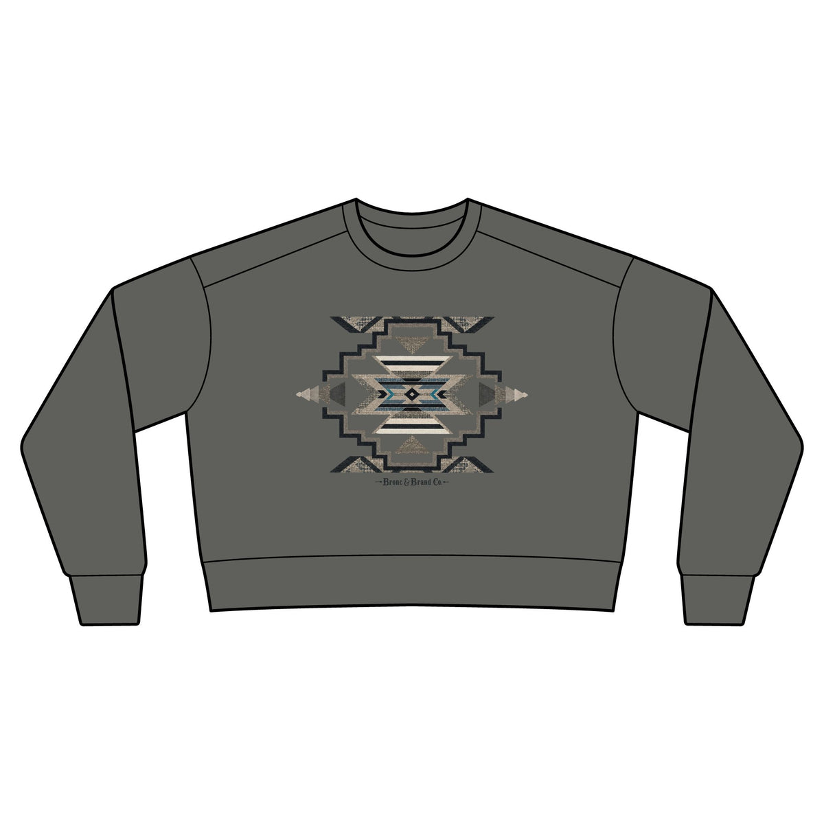 A dark gray crewneck sweatshirt featuring a central geometric Southwestern-style graphic in beige, gray, and blue, with 'Bronc & Brand Co.' printed below the design.