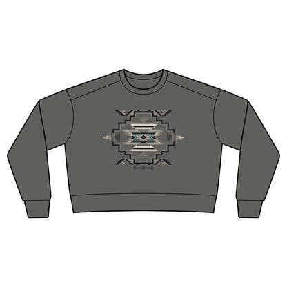A dark gray crewneck sweatshirt featuring a central geometric Southwestern-style graphic in beige, gray, and blue, with 'Bronc & Brand Co.' printed below the design.