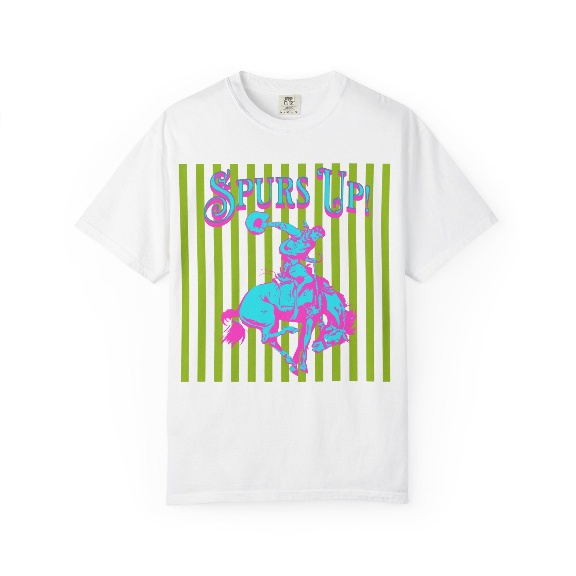 White t-shirt with 'Spurs Up' text and rodeo graphic on green striped background