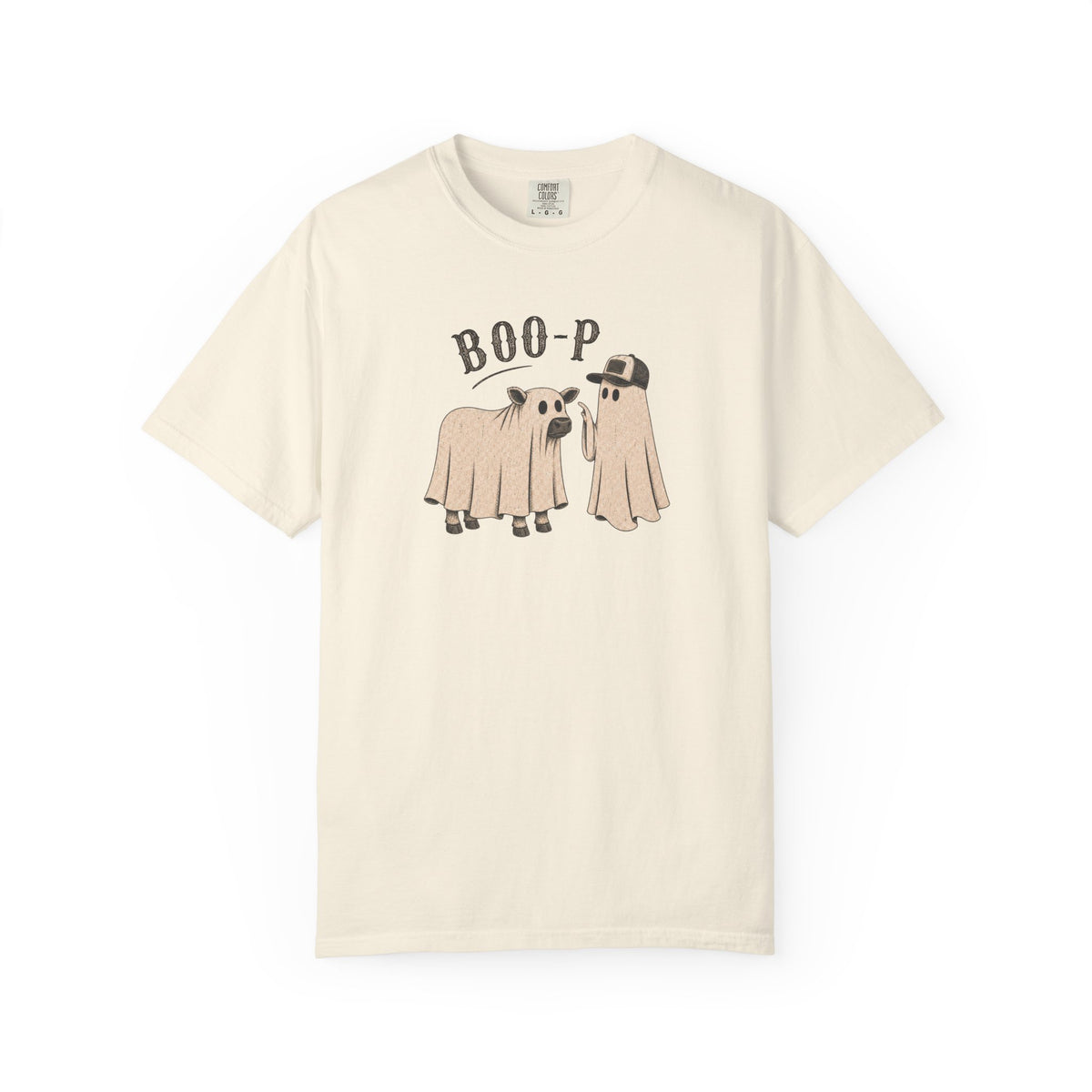 An off-white short-sleeve crewneck t-shirt featuring a graphic of two sheep dressed in ghost costumes with the text 'BOO-P' above them, displayed against a solid white background.