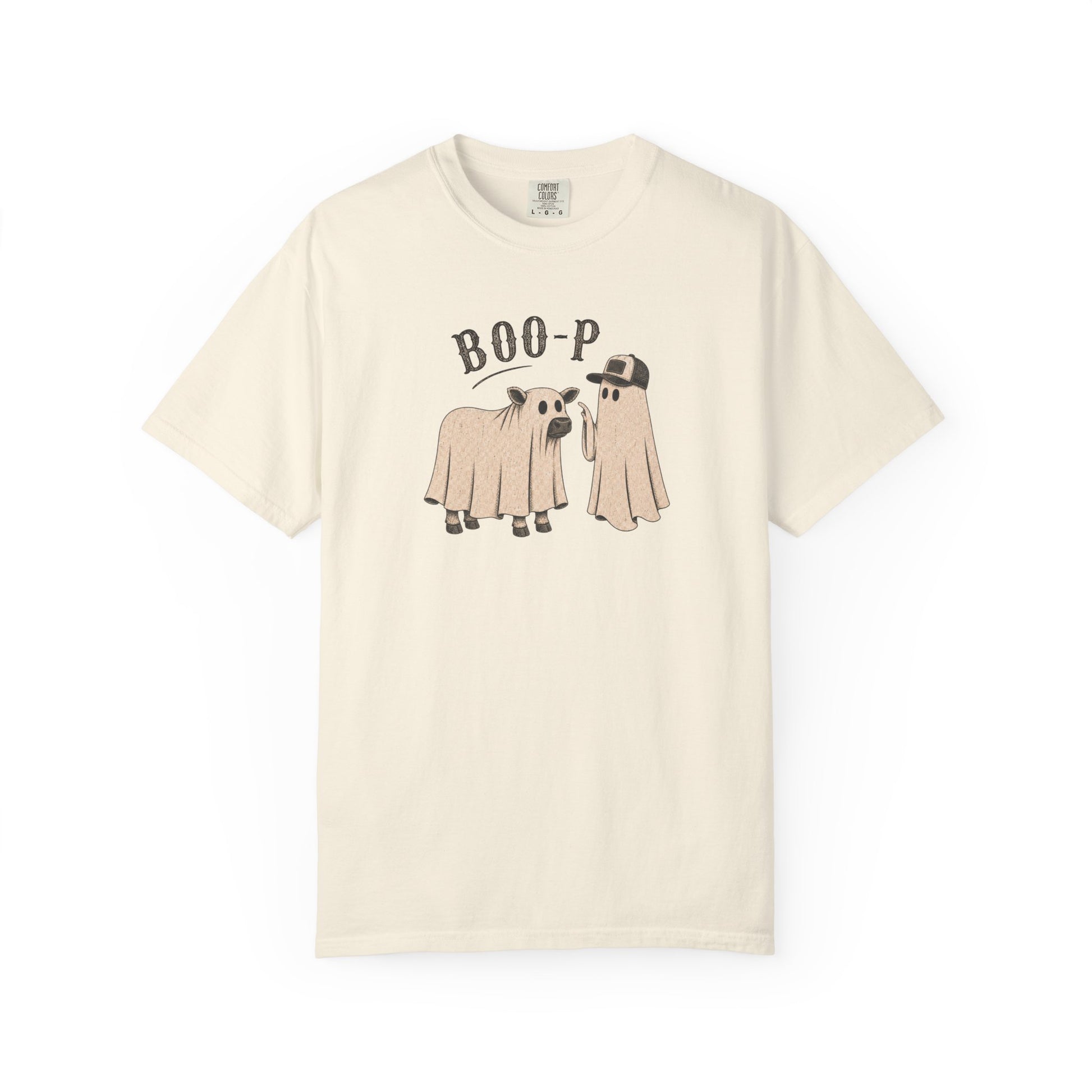 An off-white short-sleeve crewneck t-shirt featuring a graphic of two sheep dressed in ghost costumes with the text 'BOO-P' above them, displayed against a solid white background.