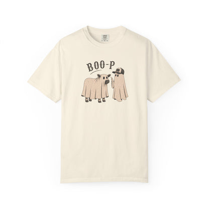 An off-white short-sleeve crewneck t-shirt featuring a graphic of two sheep dressed in ghost costumes with the text 'BOO-P' above them, displayed against a solid white background.