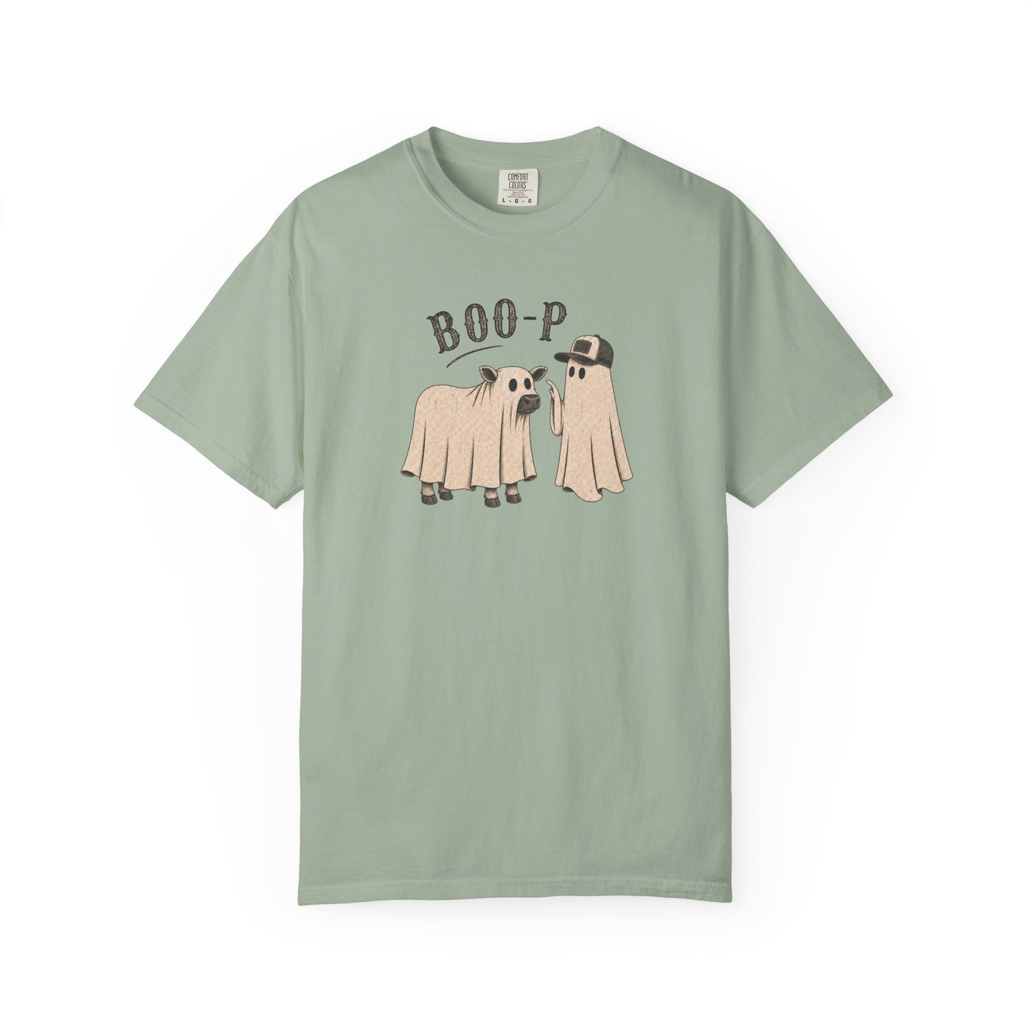 Bay-shirt with 'Boo-p ' text  a cow and a ghoston a white background