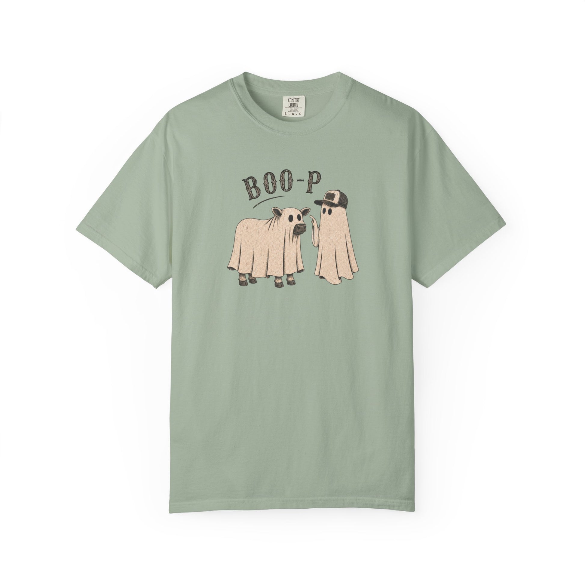 Bay-shirt with 'Boo-p ' text  a cow and a ghoston a white background