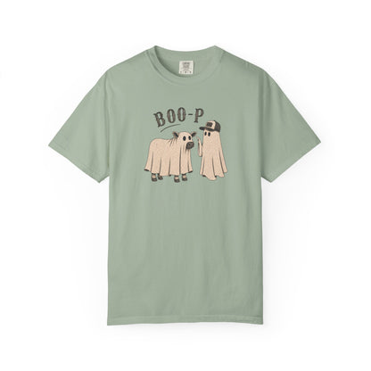 Bay-shirt with 'Boo-p ' text  a cow and a ghoston a white background