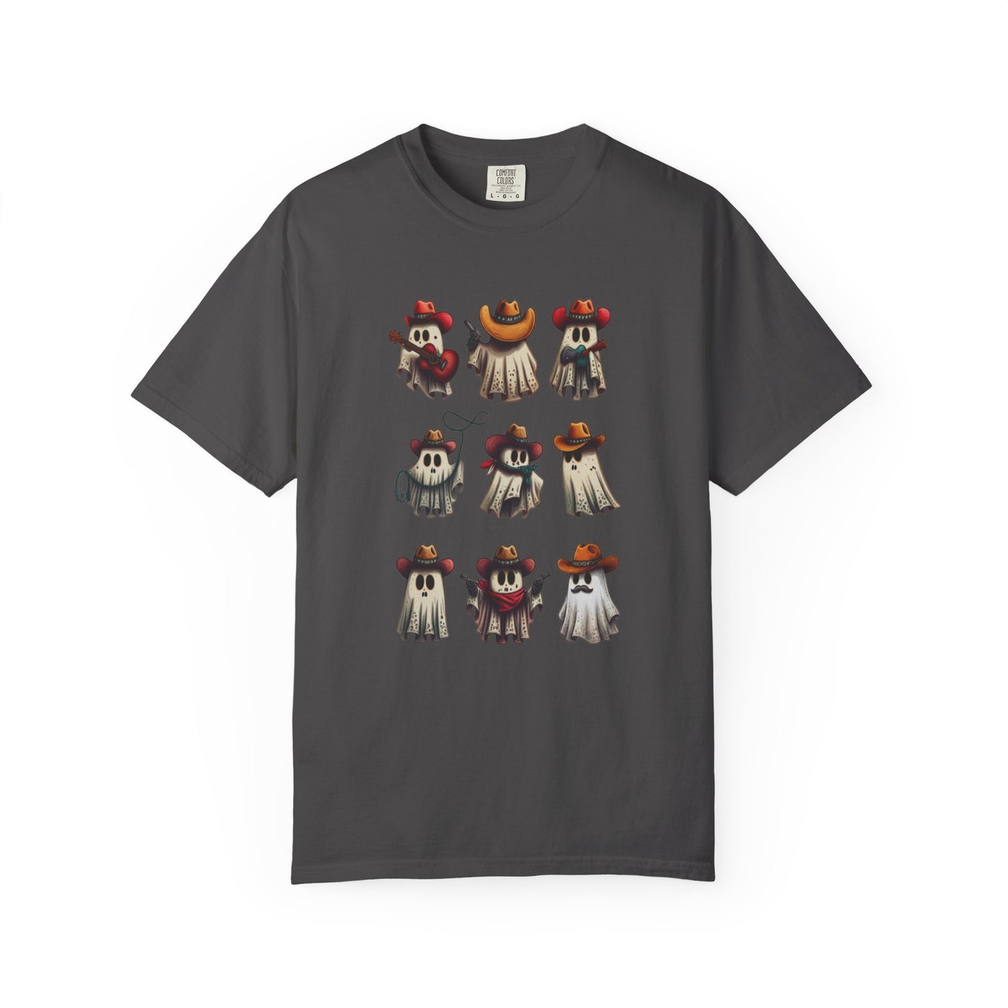 A dark gray short-sleeve t-shirt with a graphic print of nine cartoon ghosts wearing various colorful sombreros, displayed on a clean white background.
