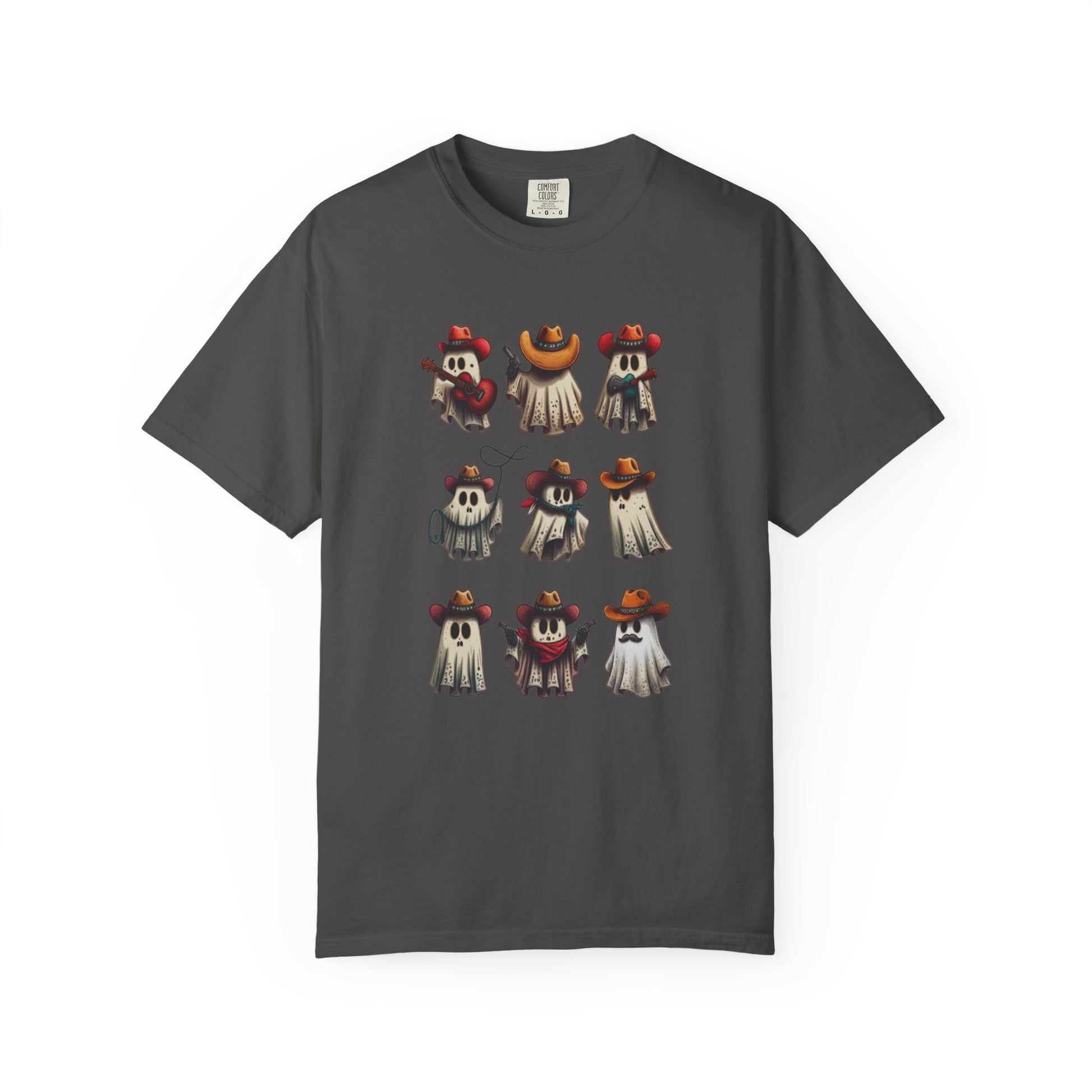 A dark gray short-sleeve t-shirt with a graphic print of nine cartoon ghosts wearing various colorful sombreros, displayed on a clean white background.