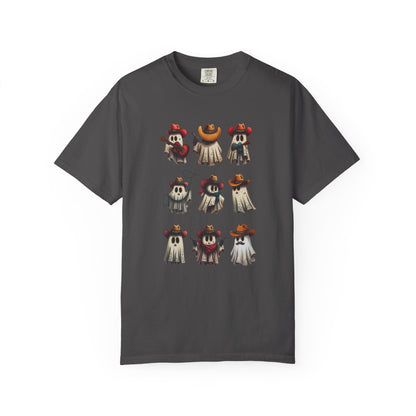 A dark gray short-sleeve t-shirt with a graphic print of nine cartoon ghosts wearing various colorful sombreros, displayed on a clean white background.