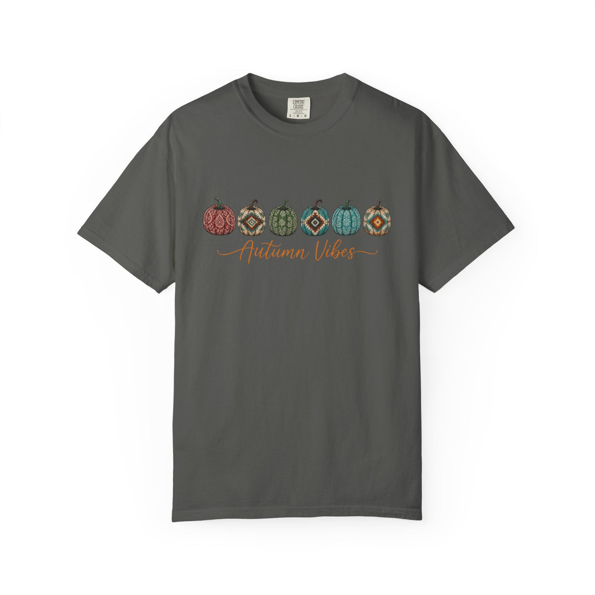 Charcoal grey t-shirt Autumn Vibes western fall Comfort Colors tee with colorful paisley serape and Southwestern patterned pumpkin