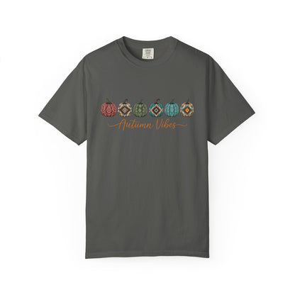 Charcoal grey t-shirt Autumn Vibes western fall Comfort Colors tee with colorful paisley serape and Southwestern patterned pumpkin