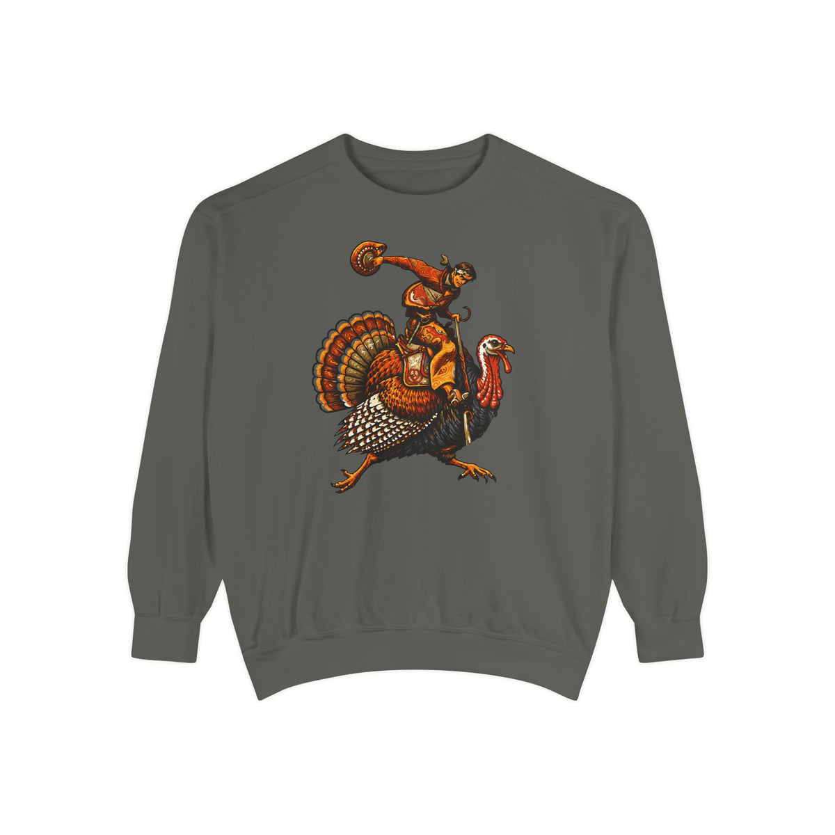 A dark gray crewneck sweatshirt featuring a graphic print of a cowboy riding a turkey, with a cowboy boot and a small cowboy figure on his back, displayed against a solid white background.